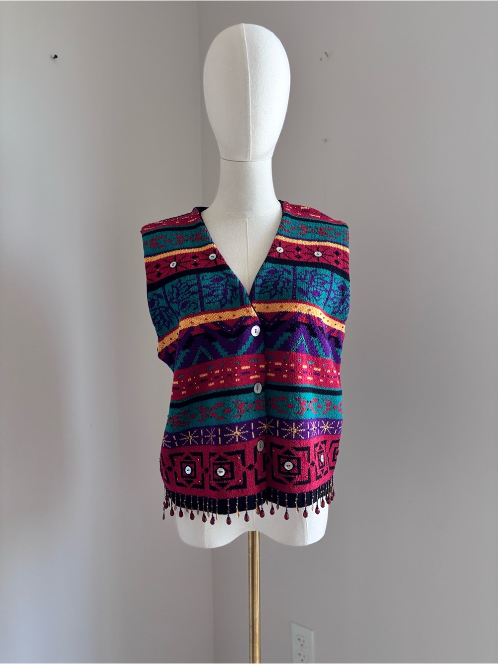 Carole Little Vintage 90s Knit Beaded Fringe Sweater Vest Geometric M - Picture 3 of 7